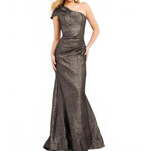 NEW JOVANI metallic ruched one shoulder maxi dress in coffee